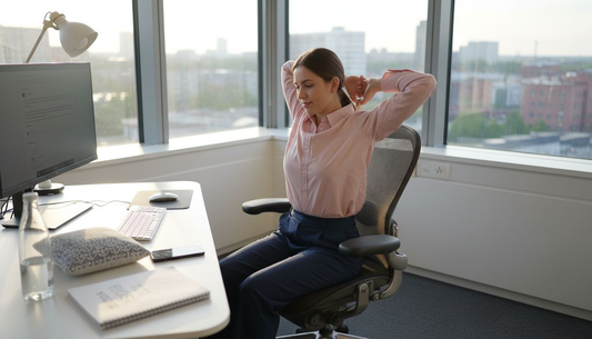 En kvinna börjar arbetsdagen med att sträcka ut kroppen vid skrivbordet.