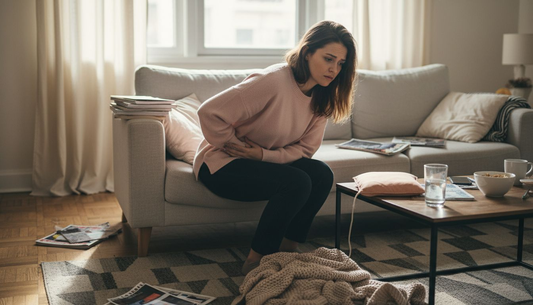 En ung kvinna sitter i vardagsrummet och kämpar med mensvärk.