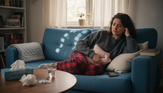 Kvinna lindrar mensvärk med en värmekudde