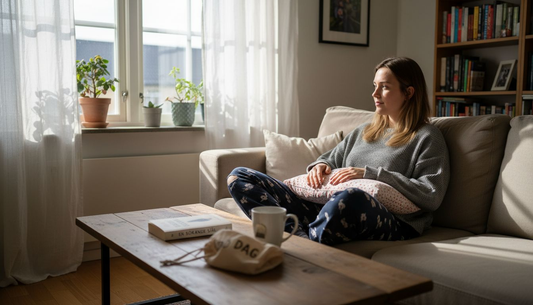 Kvinna lindrar mensvärk hemma med värmedyna