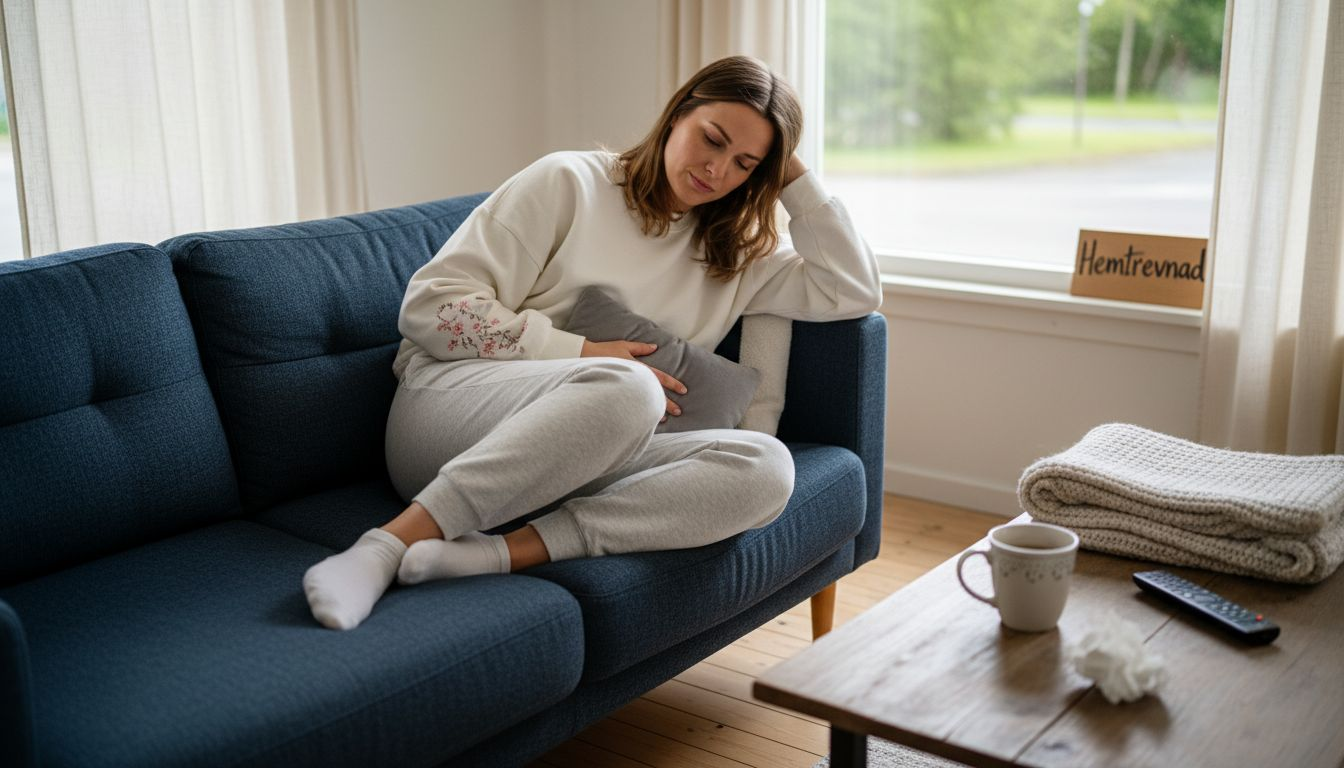 Kvinna ligger i soffan med en värmedyna mot magen för att lindra mensvärk.