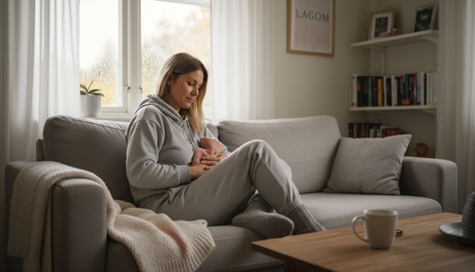 En kvinna kopplar av hemma med en värmekudde för att lindra mensvärk.