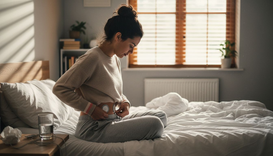 Kvinna använder TENS-apparat för att lindra mensvärk