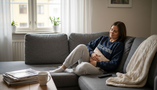 En kvinna ligger i soffan med en värmedyna mot magen för att lindra mensvärk.