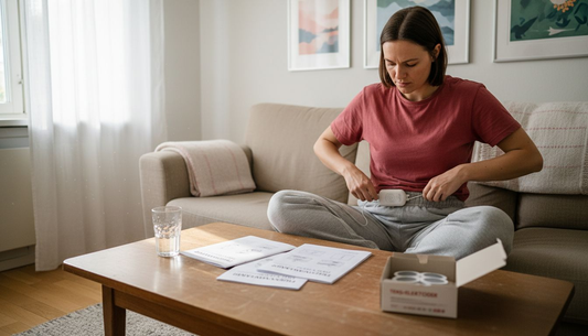 En kvinna justerar sin TENS-apparat hemma i vardagsrummet.