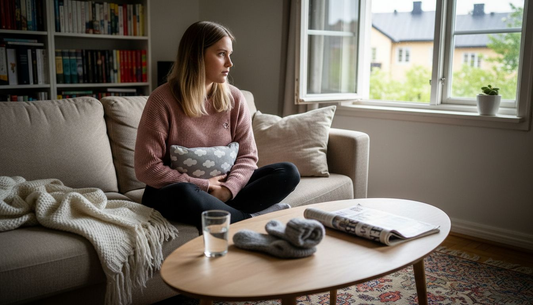 Ung tjej hanterar mensvärk hemma