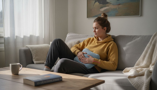 Kvinna lindrar mensvärk med värmedyna