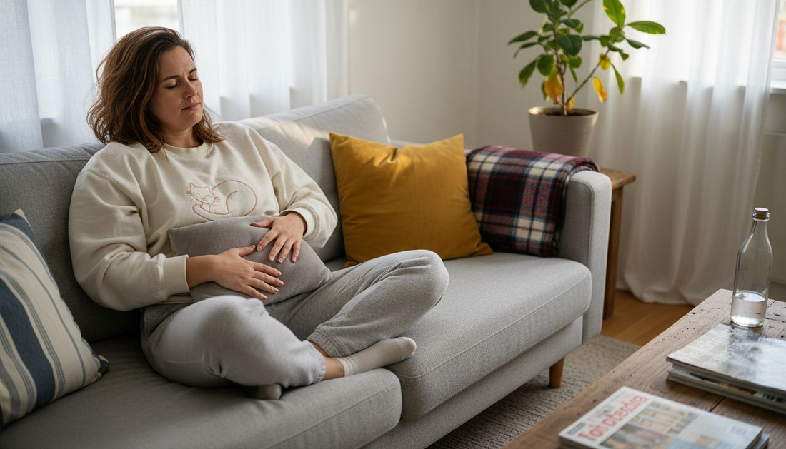 Kvinna lindrar mensvärk med en värmedyna