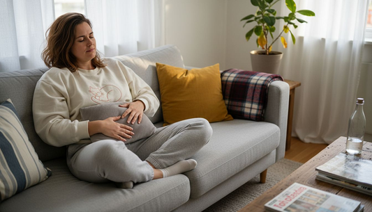 Kvinna lindrar mensvärk med en värmedyna