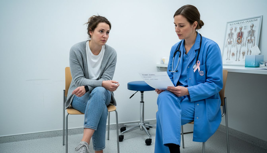 En kvinna sitter och pratar med läkaren under ett läkarbesök.