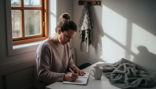 En kvinna sitter hemma och dokumenterar sina smärtupplevelser i en anteckningsbok.