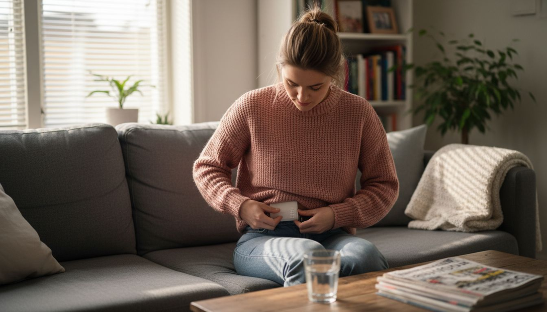Kvinna fäster TENS-apparat för smärtlindring