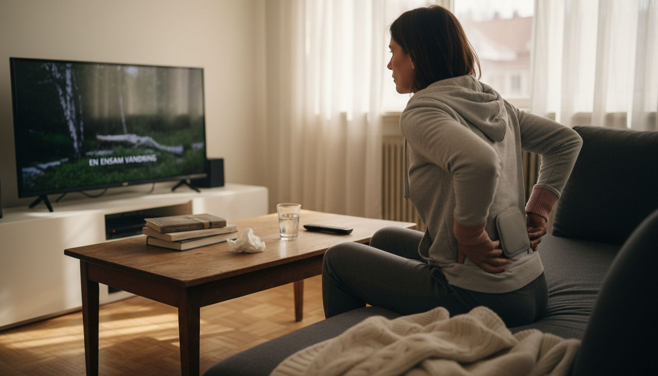 Kvinna lindrar mensvärk med värmekudde i soffan