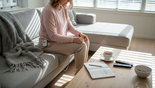 Kvinna ställer in sin TENS-apparat hemma i vardagsrummet