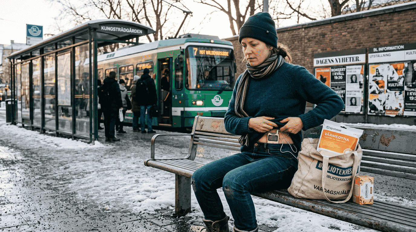 Kvinna lindrar mensvärk med hjälp av TENS-apparat