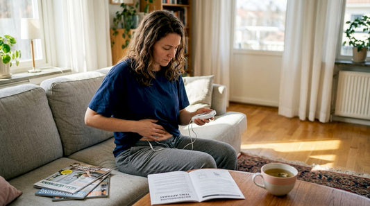 Kvinna sätter på sig TENS-apparat hemma