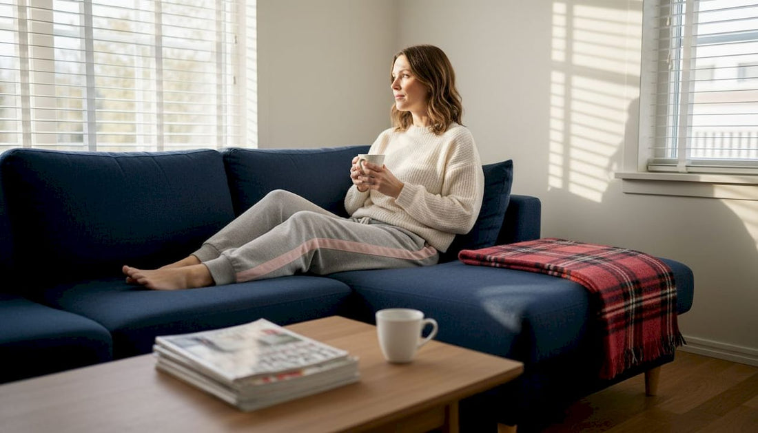 Kvinna sitter i soffan och justerar värmedynan för att få den på plats.