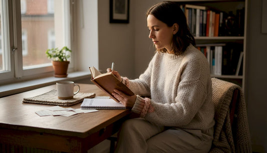 En kvinna sitter vid köksbordet och skriver i sin dagbok en tidig morgon.