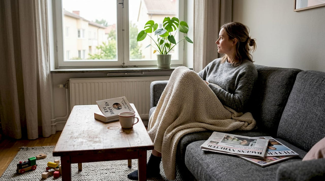 En kvinna njuter av en stunds avkoppling hemma i sitt vardagsrum.