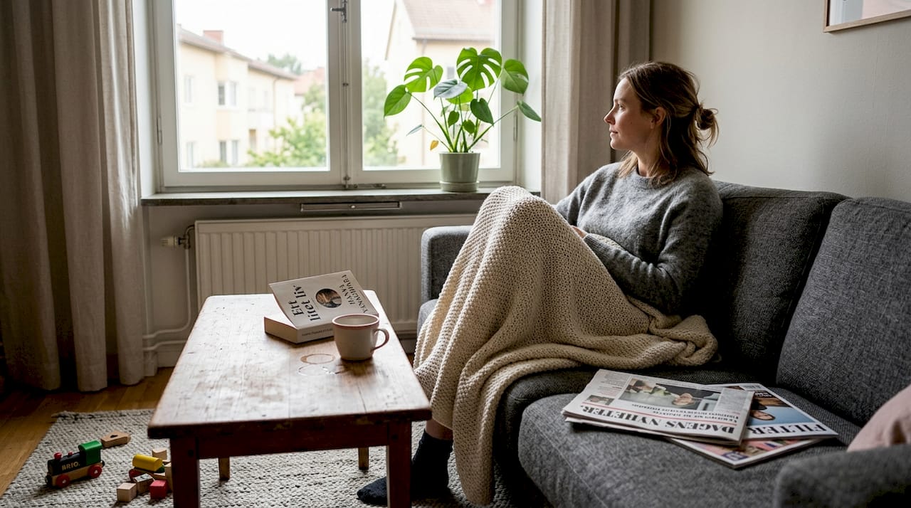 En kvinna njuter av en stunds avkoppling hemma i sitt vardagsrum.