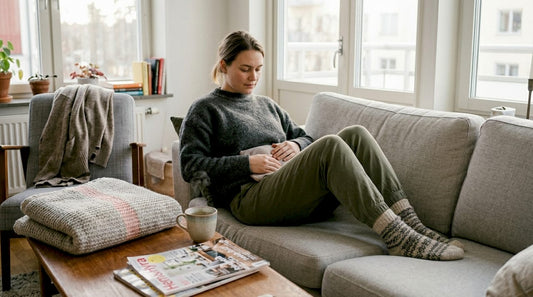 Kvinna lindrar värken hemma med en värmedyna