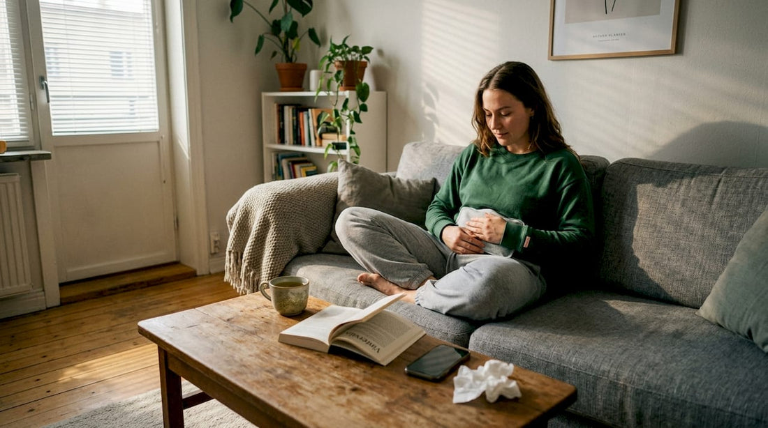 Kvinna som lindrar mensvärk hemma med en värmekudde som en del av sin egenvård