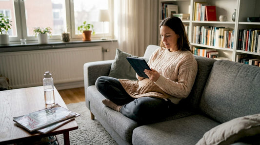 En kvinna lindrar mensvärken med hjälp av en värmekudde.