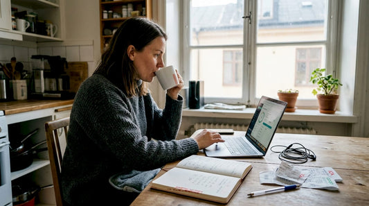 En kvinna sitter vid köksbordet och provar en hälsoapp på mobilen.