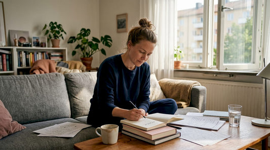 En kvinna sitter i vardagsrummet och skriver i sin dagbok.
