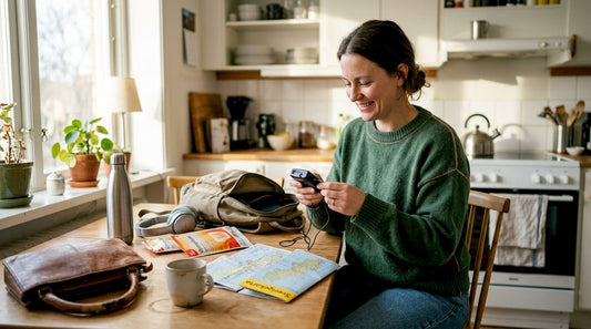 En kvinna förbereder en liten reseapotek hemma i köket inför sin resa.