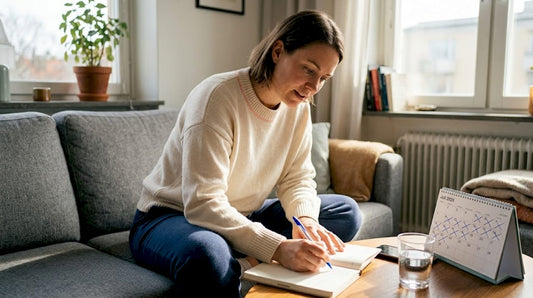 En kvinna sitter och skriver dagbok i sitt soliga vardagsrum.