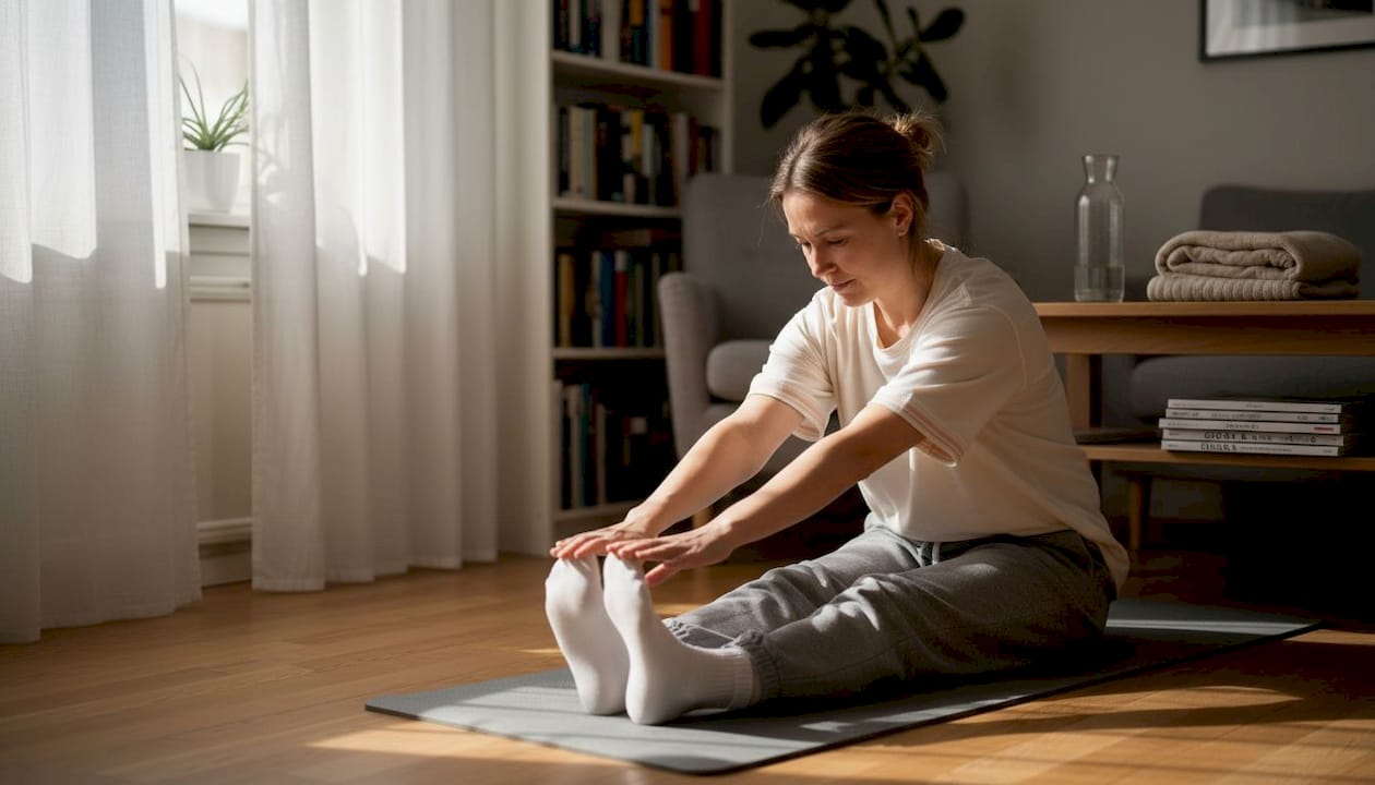 En kvinna sträcker ut sig i vardagsrummet där solen strömmar in genom fönstret.