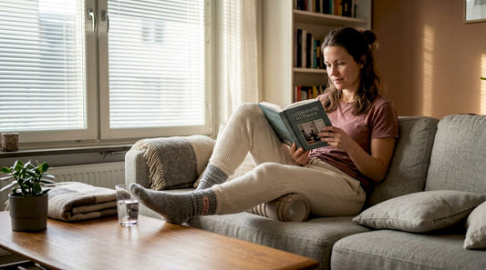 Kvinna tar hand om sig själv med en foam roller hemma
