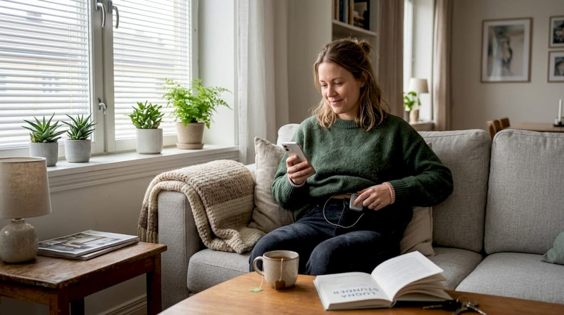 En kvinna sitter i vardagsrummet och använder en TENS-apparat.