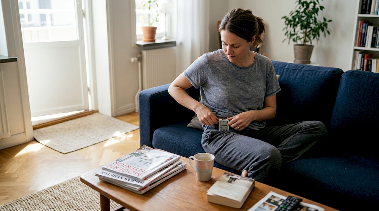 Kvinna justerar sin TENS-apparat hemma