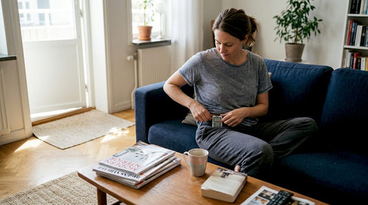 Kvinna justerar sin TENS-apparat hemma