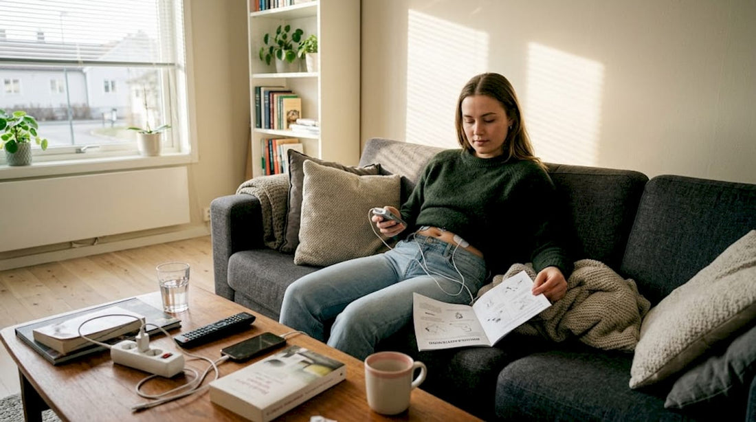 En ung kvinna sitter i vardagsrummet och använder en TENS-apparat.