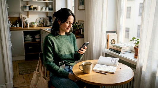 En kvinna sitter vid köksbordet och använder sin TENS-apparat.