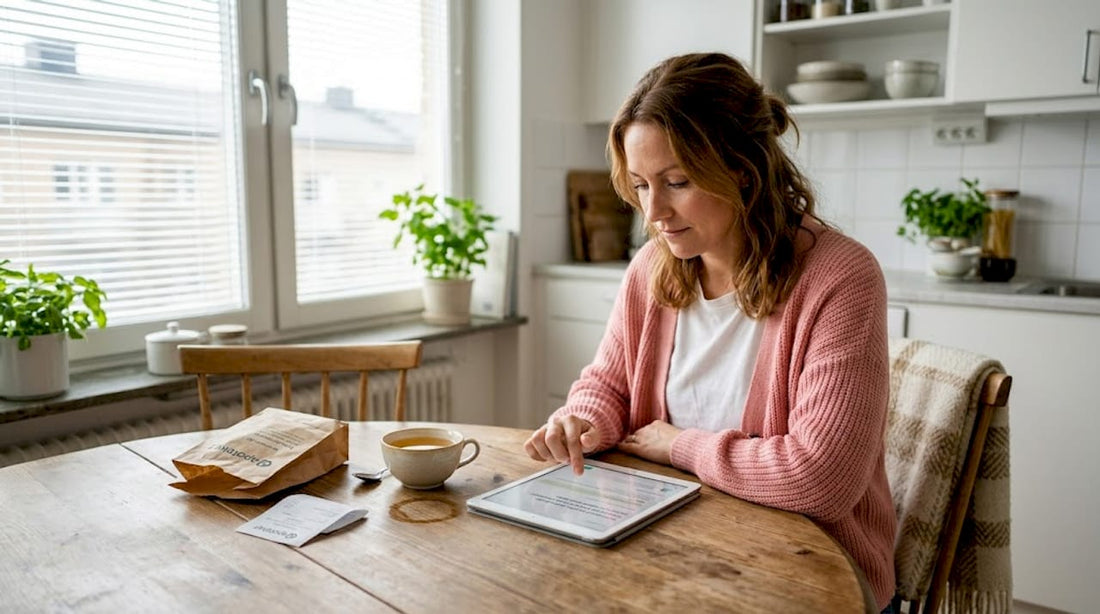 En kvinna sitter vid köksbordet och surfar efter hälsoprodukter på sin surfplatta.