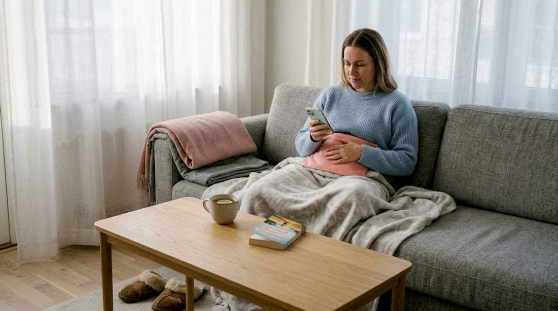 En kvinna sitter hemma i vardagsrummet med en värmedyna i knät.