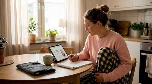 En kvinna står i köket och fördjupar sig i en artikel om naturliga sätt att lindra smärta.