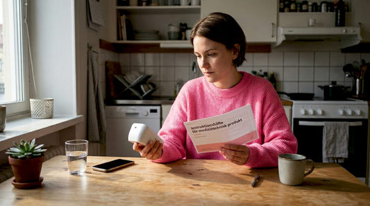 Kvinna undersöker mensvärkshjälpmedel hemma