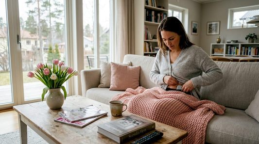 En kvinna sitter i vardagsrummet och ställer in sin TENS-apparat.
