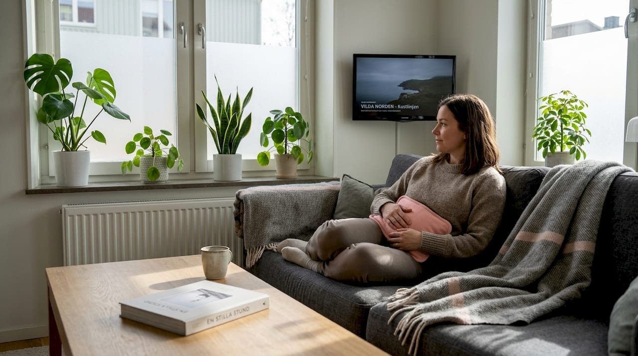 Kvinna som kopplar av med värmedyna för att lindra smärta