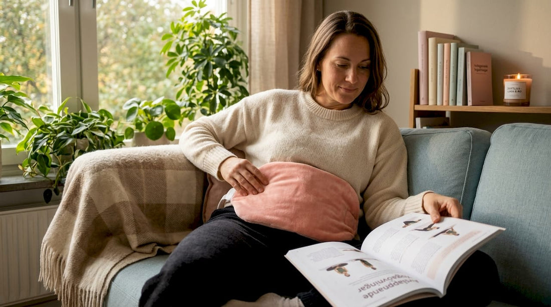 En kvinna ligger bekvämt i soffan med en värmedyna och läser en bok.