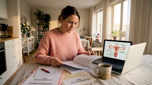 En kvinna sitter vid köksbordet och fördjupar sig i en vetenskaplig studie.